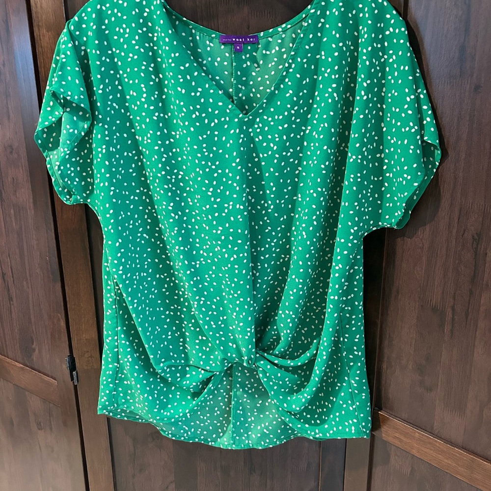 West Kei (Stitch Fix) Green Polka Dot Top with Knot Detail